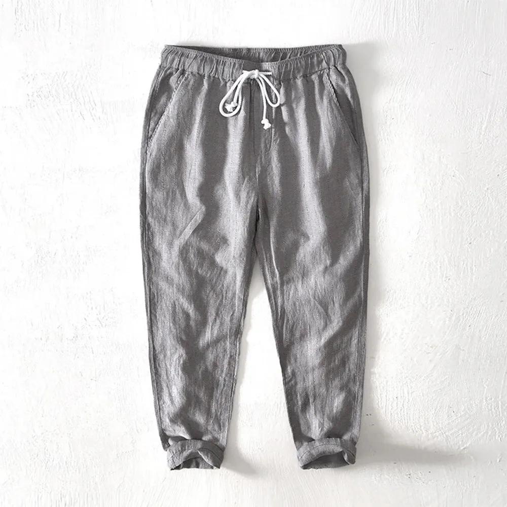Men's Cotton Linen Multi-Pocket Striped Ankle Pants - Casual Loose Long Trousers for a Wild, Adventurous Style