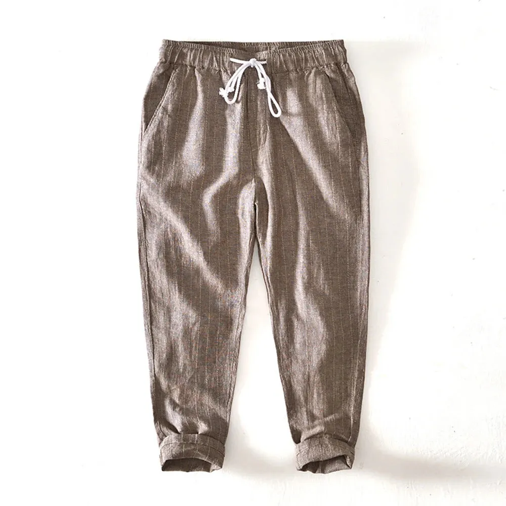 Men's Cotton Linen Multi-Pocket Striped Ankle Pants - Casual Loose Long Trousers for a Wild, Adventurous Style