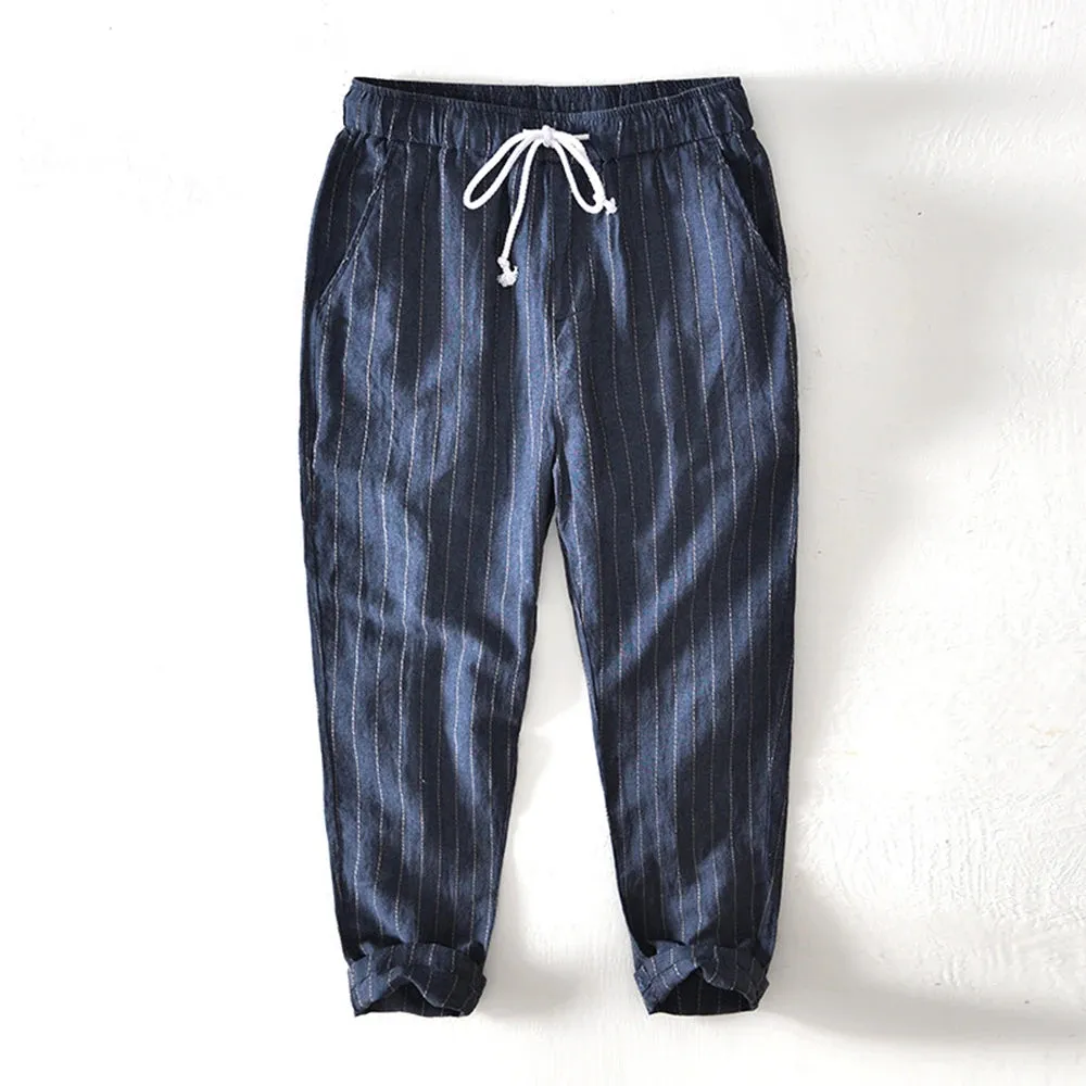 Men's Cotton Linen Multi-Pocket Striped Ankle Pants - Casual Loose Long Trousers for a Wild, Adventurous Style