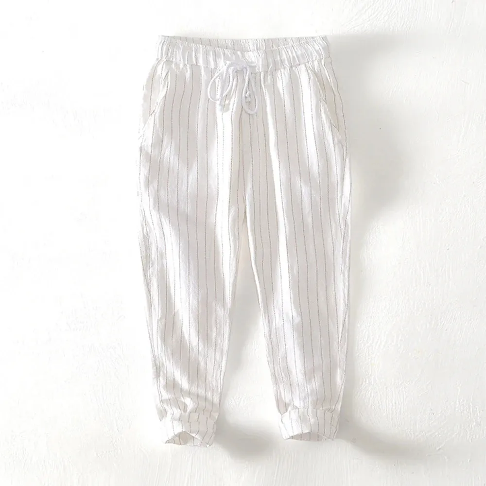 Men's Cotton Linen Multi-Pocket Striped Ankle Pants - Casual Loose Long Trousers for a Wild, Adventurous Style