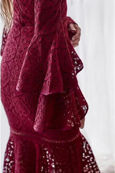 Mermaid Off-the-Shoulder Long Bell Sleeves Burgundy Lace Prom Dress PD006