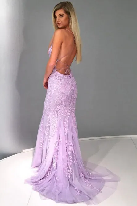 Mermaid Spaghetti Straps Lace Up Lilac Long Prom Dress with Appliques L038