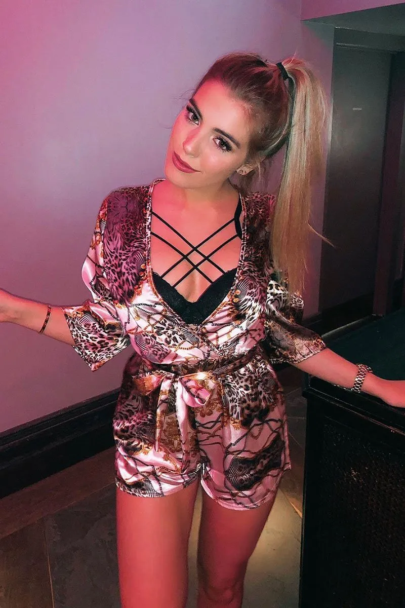 Nude Satin Mix Print Plunge Belted Playsuit - Violet
