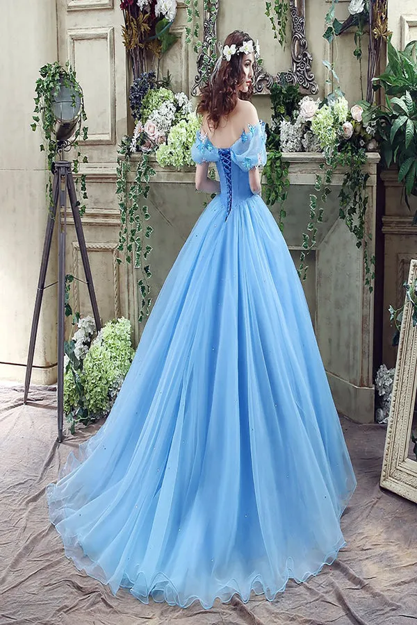 Off Shoulder Tulle Princess Beaded Charming Applique Lace Up Long Prom Dress LPD015