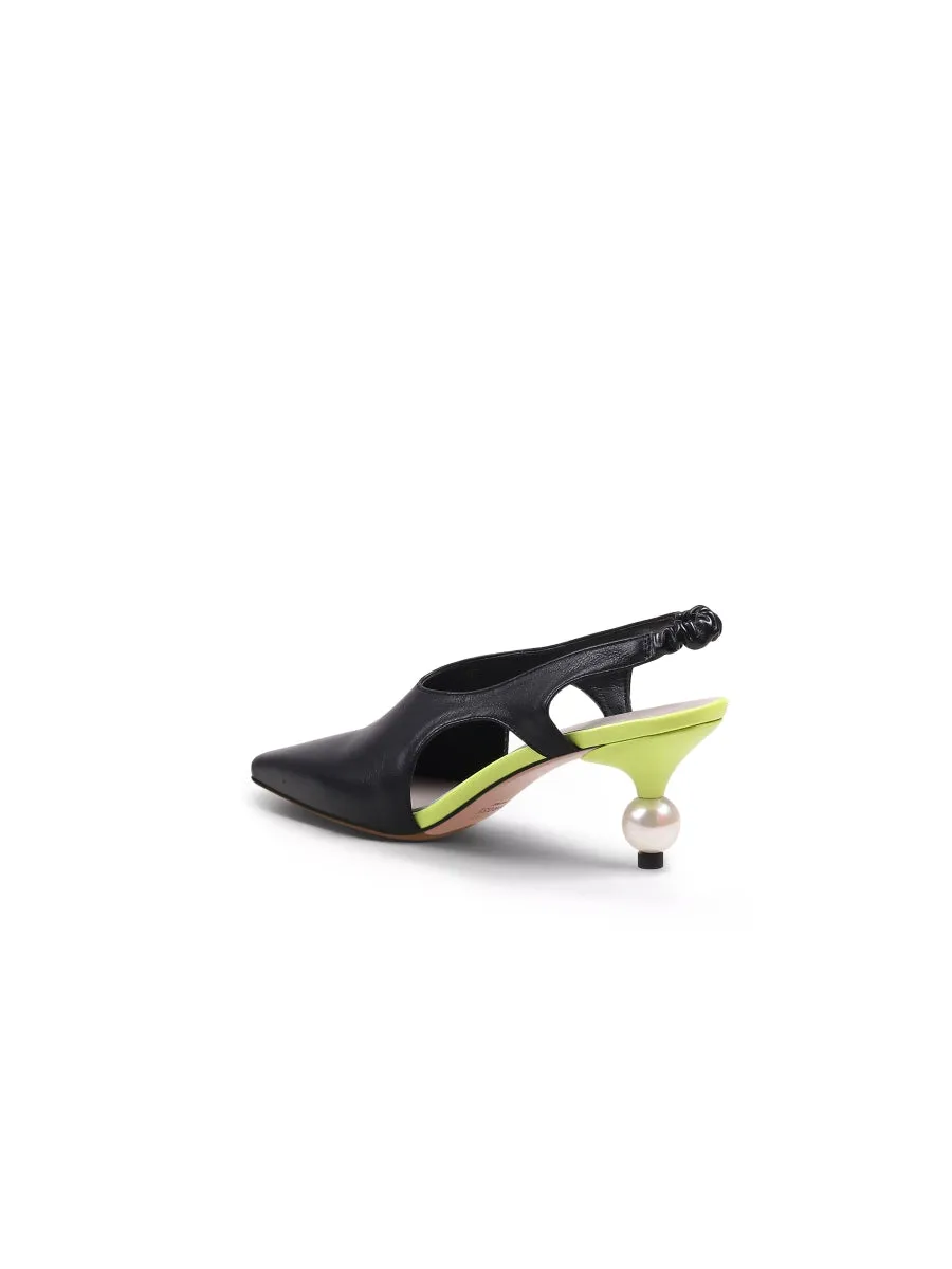 Pearl Heel Cut-Out Leather Black Slingback