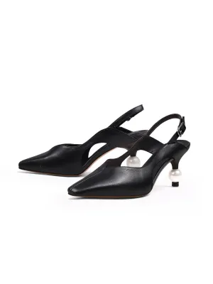 Pearl Kitten Heel Leather Slingback Black