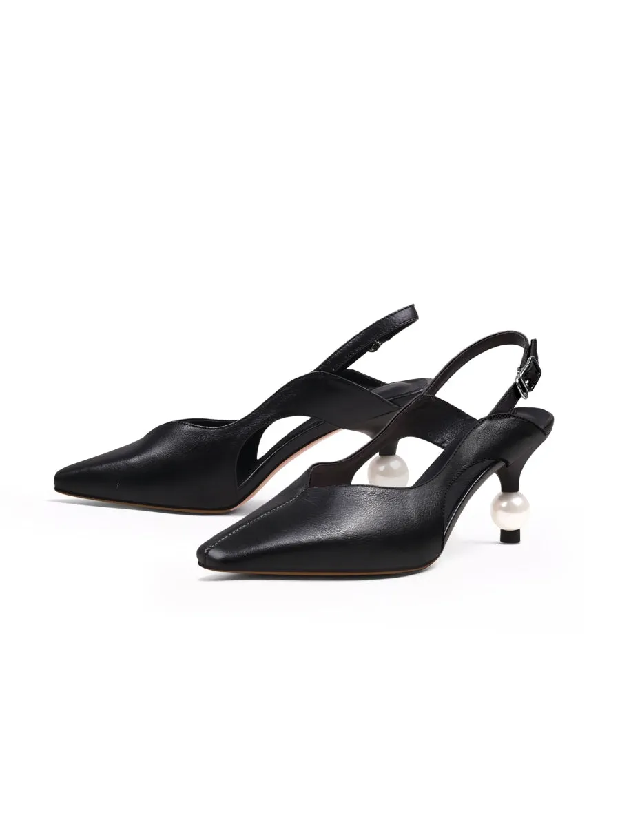 Pearl Kitten Heel Leather Slingback Black
