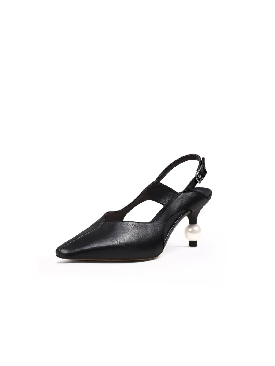 Pearl Kitten Heel Leather Slingback Black