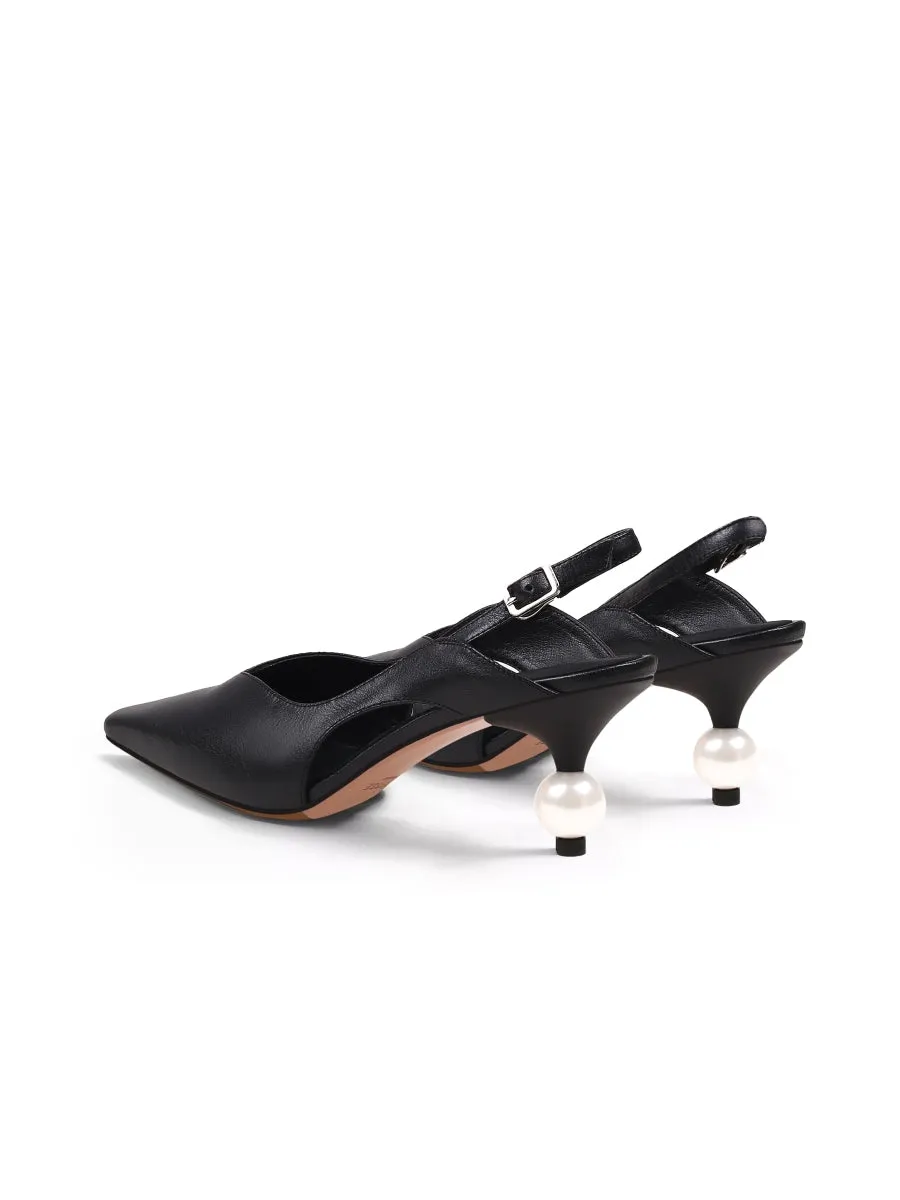 Pearl Kitten Heel Leather Slingback Black
