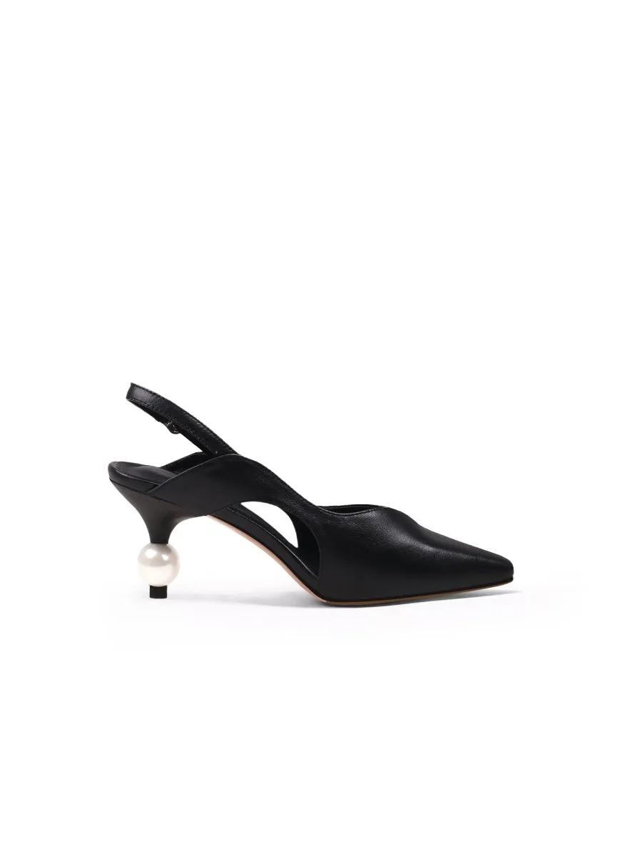 Pearl Kitten Heel Leather Slingback Black