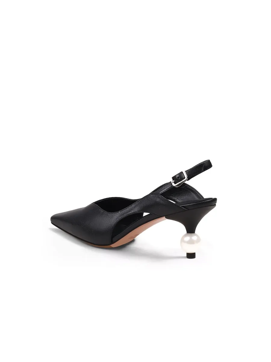 Pearl Kitten Heel Leather Slingback Black