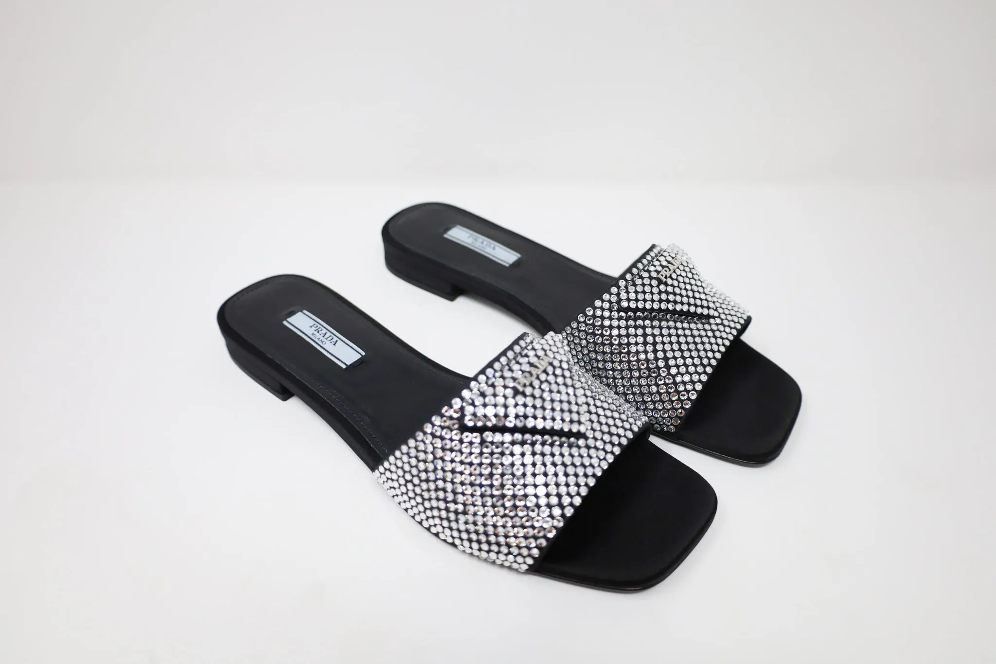 Prada Crystal Satin Slides with crystals
