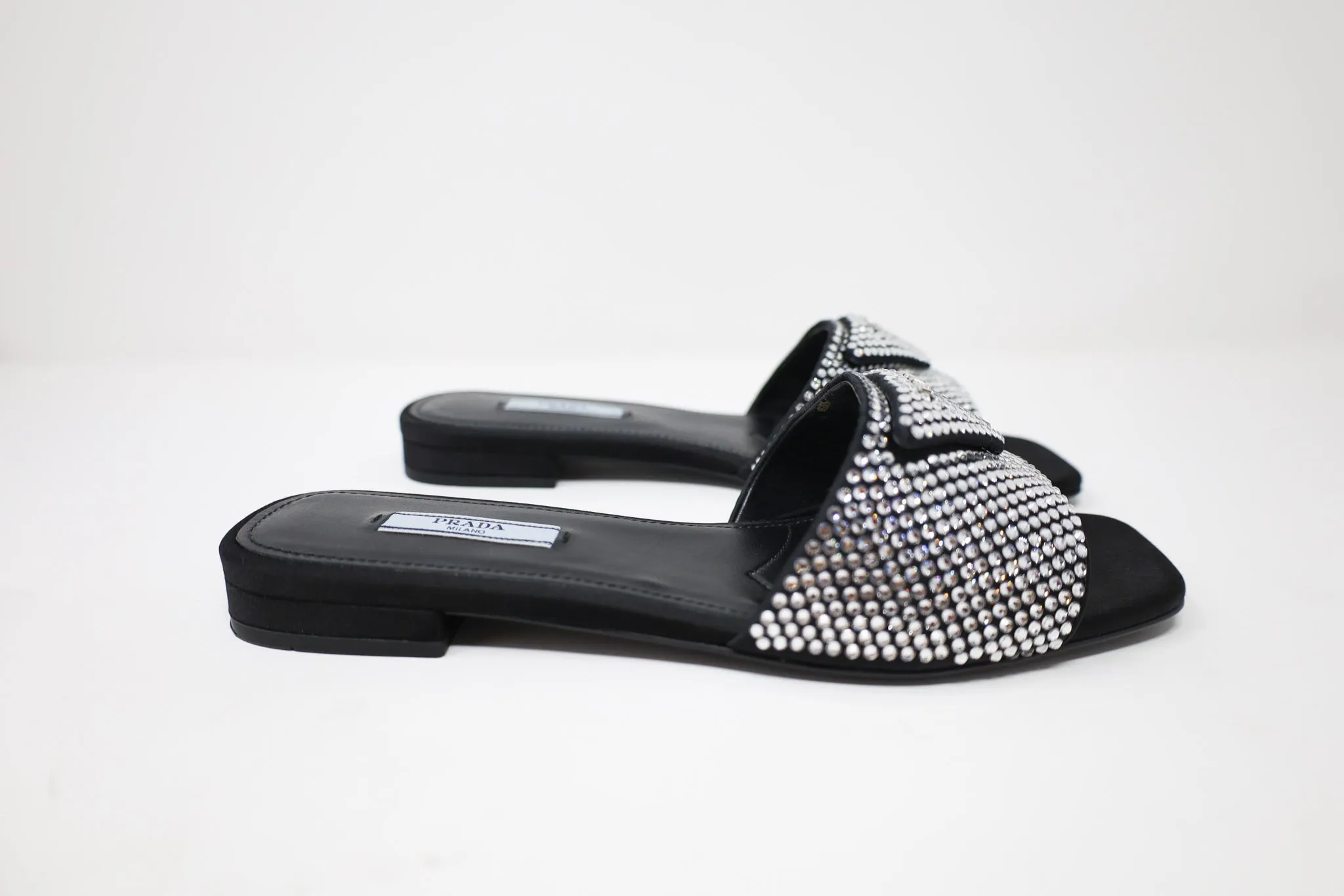Prada Crystal Satin Slides with crystals
