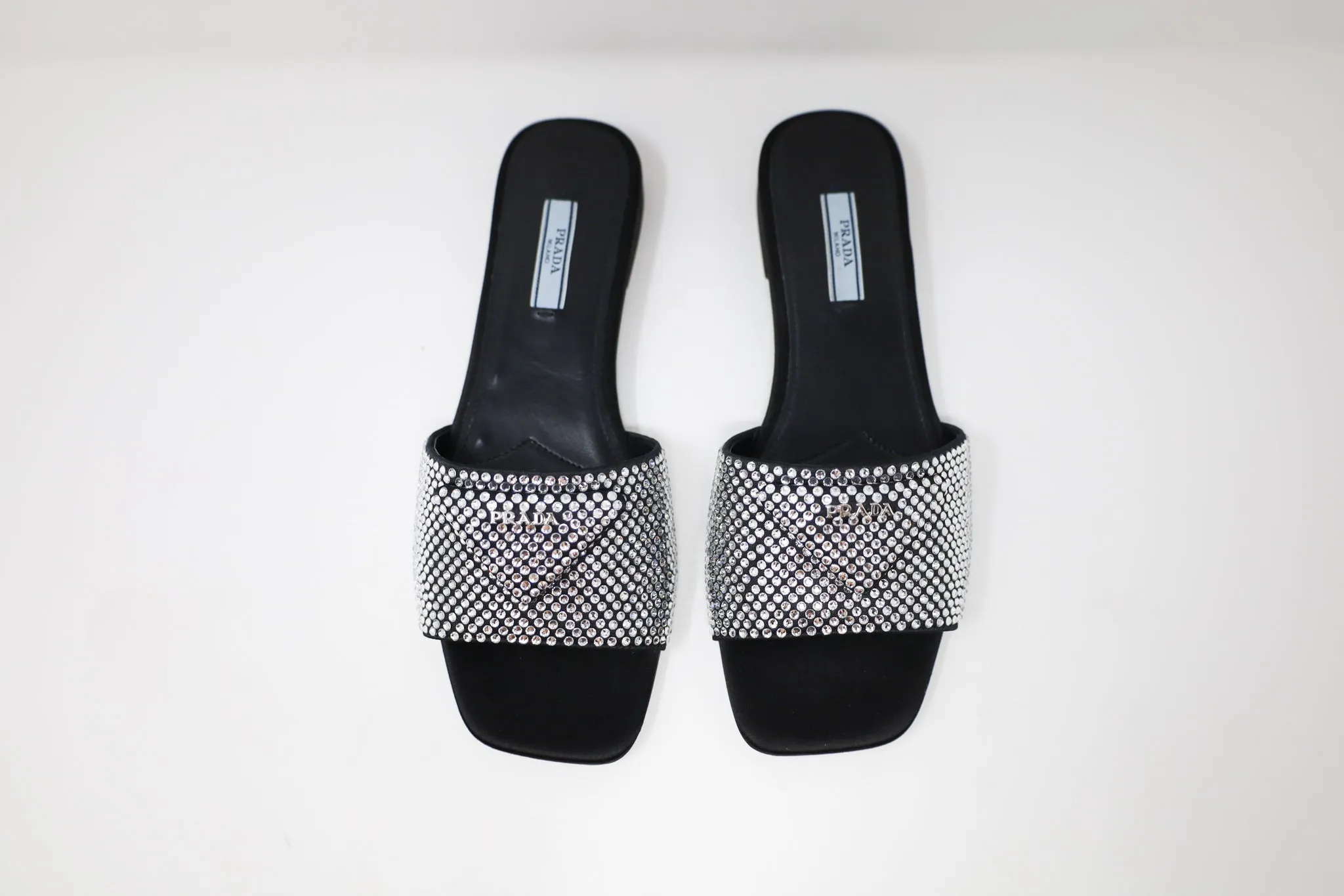 Prada Crystal Satin Slides with crystals