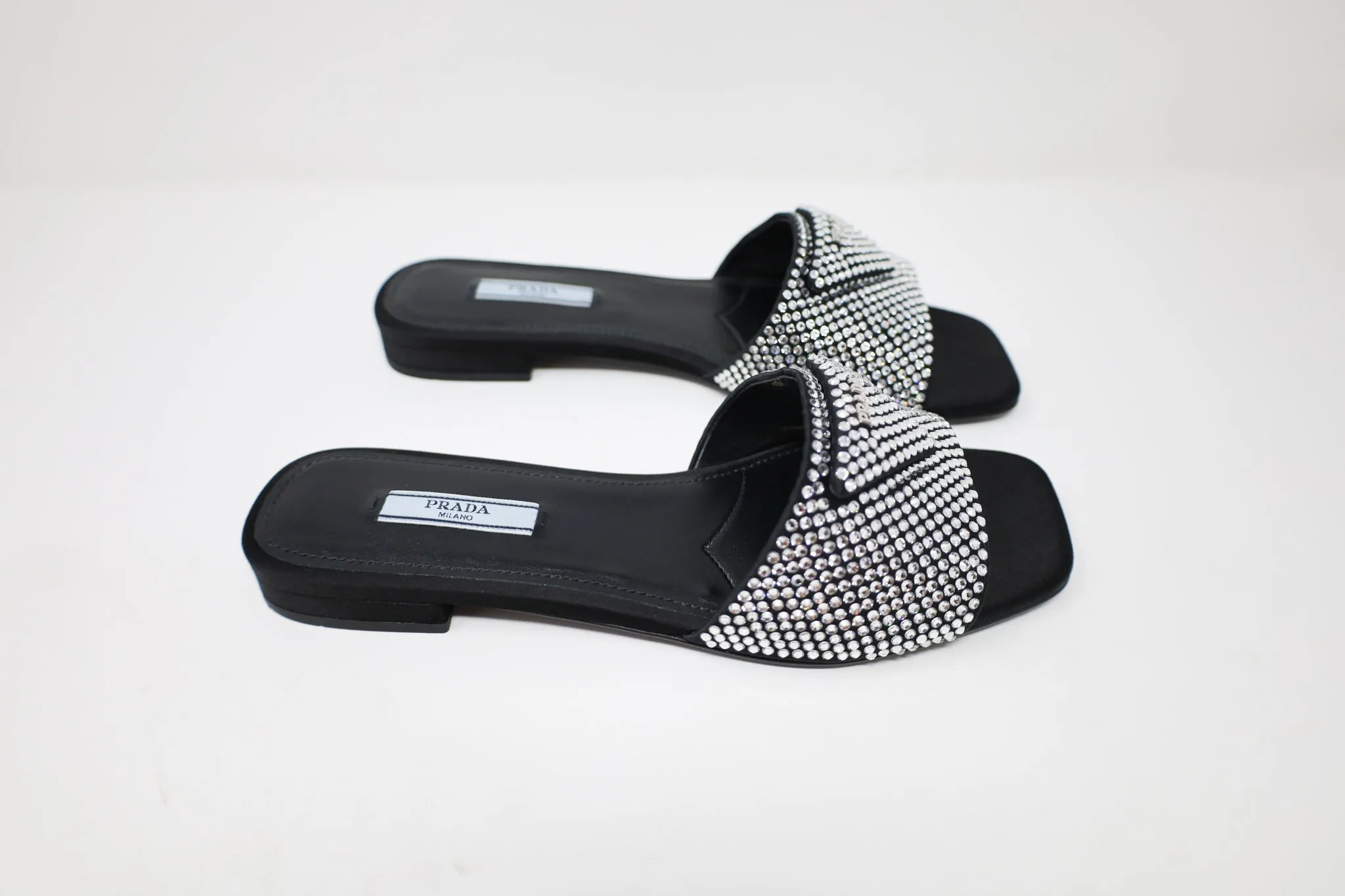 Prada Crystal Satin Slides with crystals