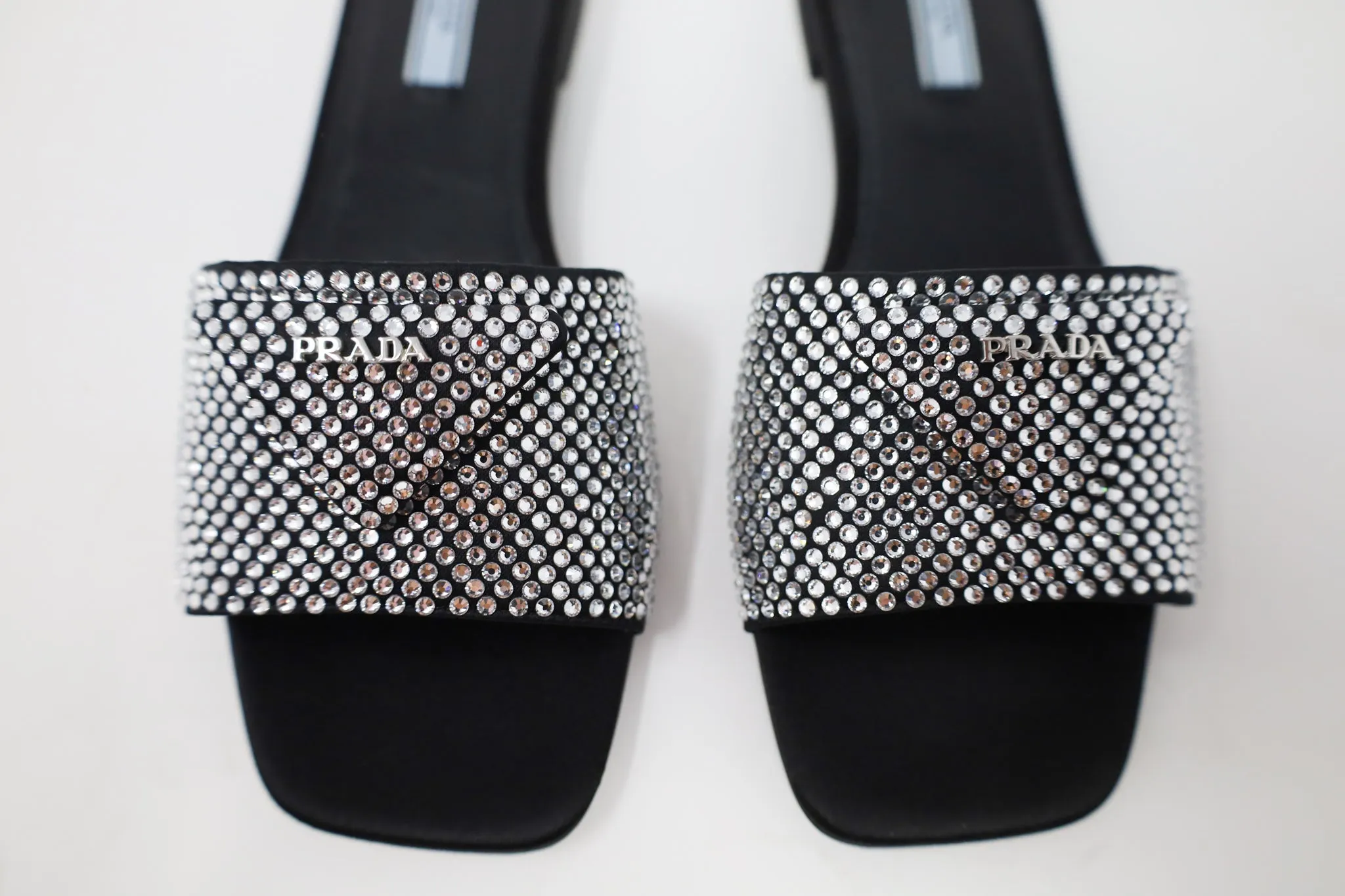 Prada Crystal Satin Slides with crystals