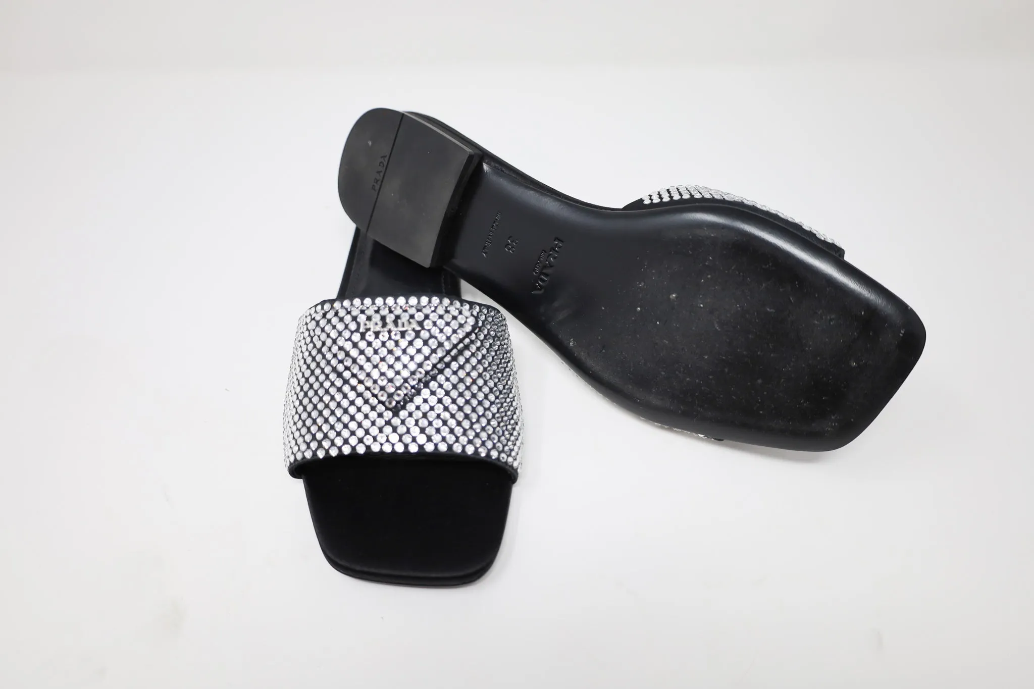 Prada Crystal Satin Slides with crystals