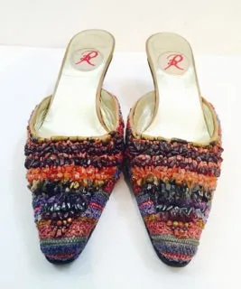 RENAUD PELLEGRINO Pointed Toe Mule Heels with Crafted Beaded Detail Size 6