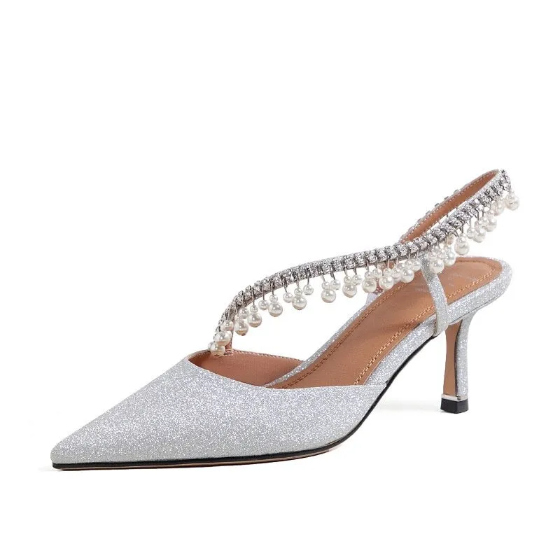 rhinestone pearl tassel high heel