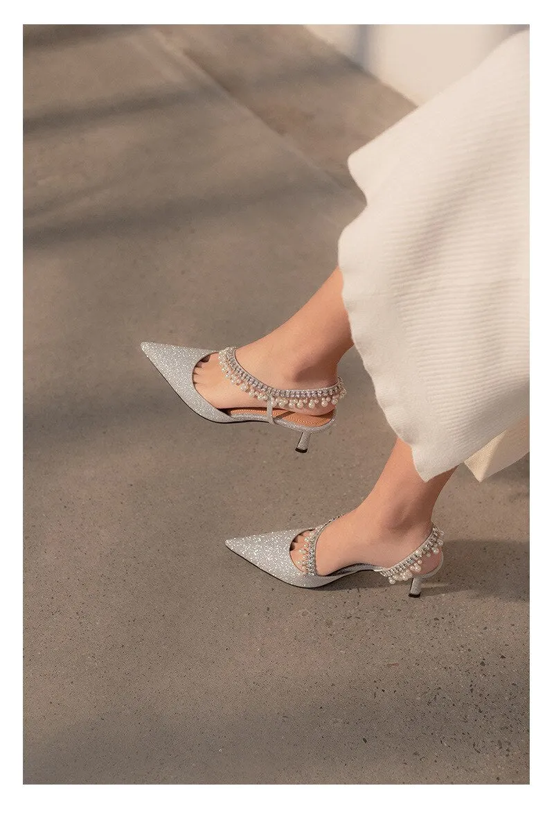 rhinestone pearl tassel high heel
