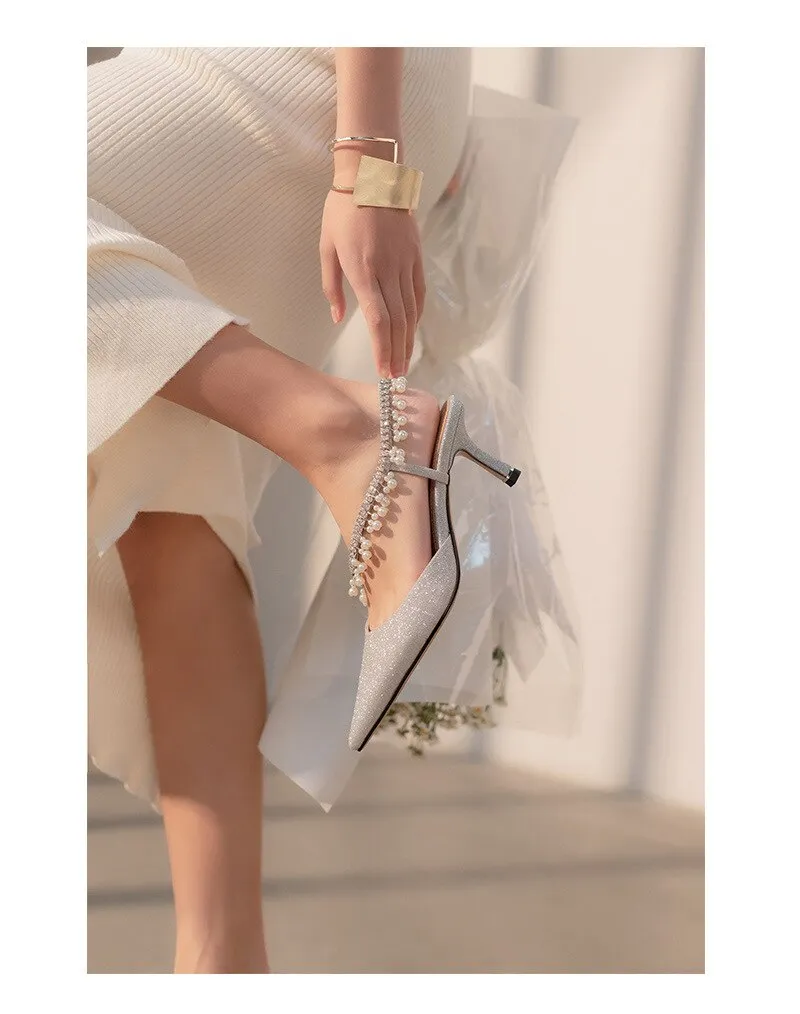 rhinestone pearl tassel high heel