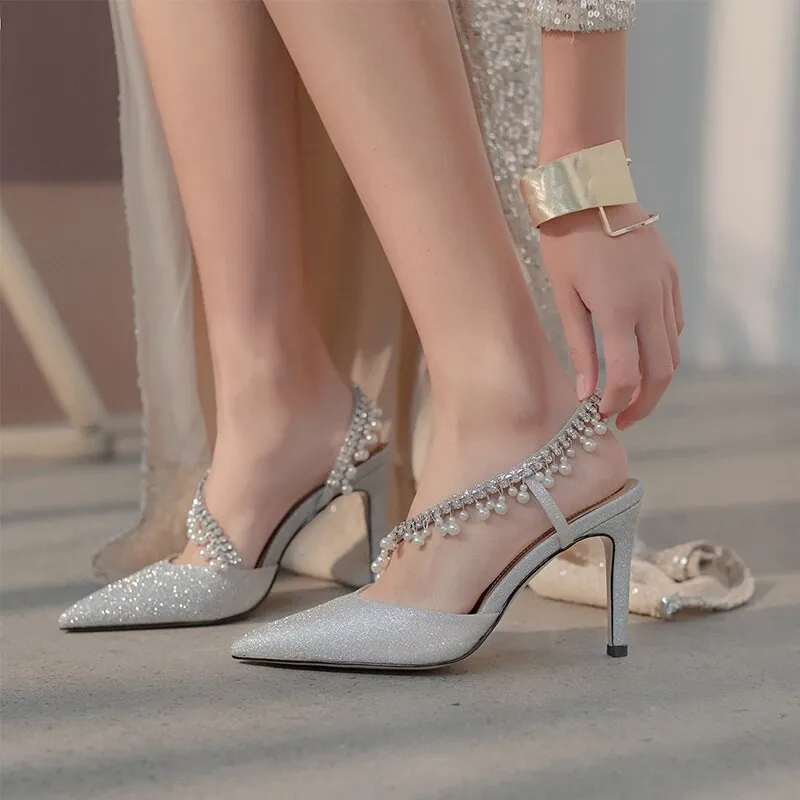 rhinestone pearl tassel high heel