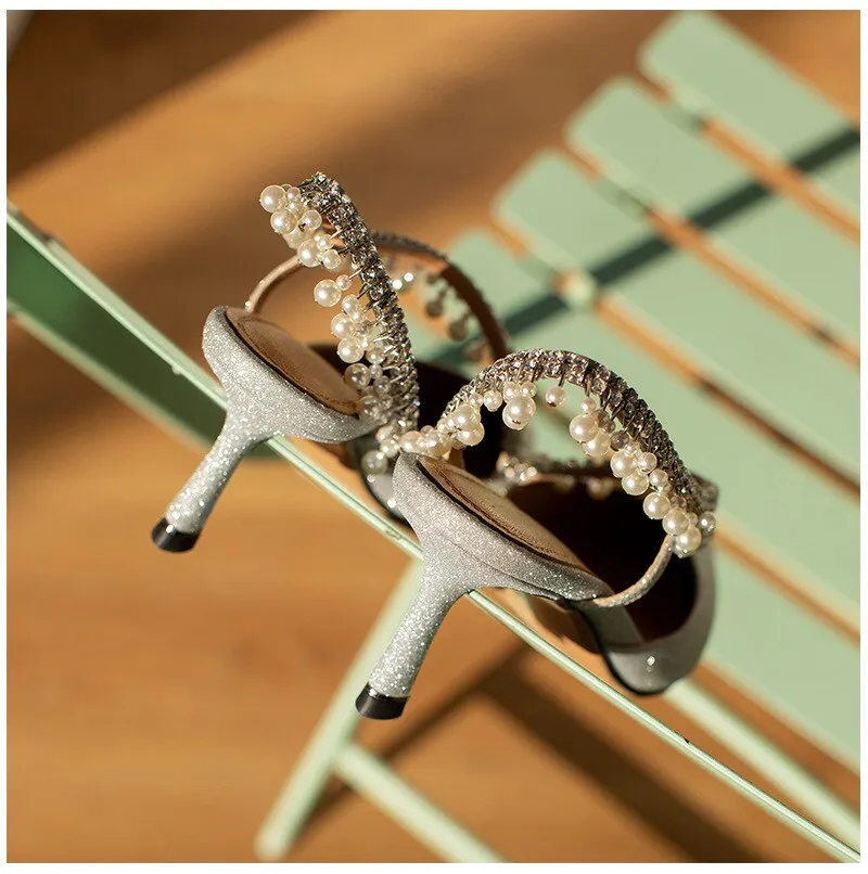 rhinestone pearl tassel high heel