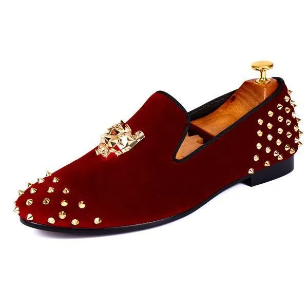 Rivets Black Men Velvet Loafers Shoes with Animal Buckle