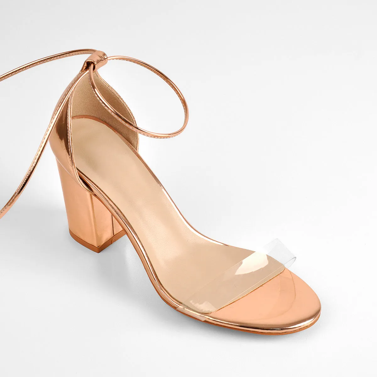 Round Toe Clear Band Strap Chunky Heels Sandals