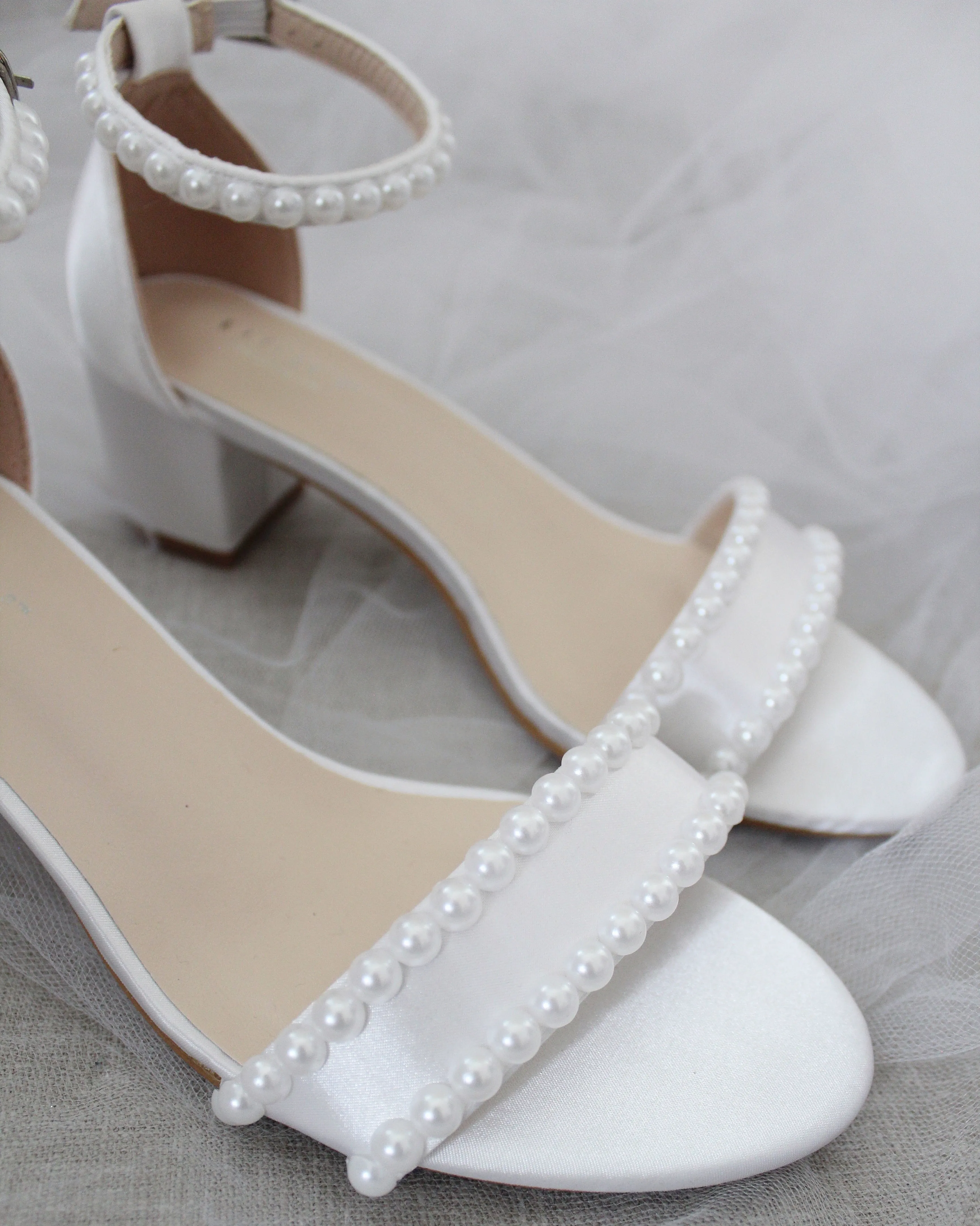 Satin Block Heel Sandals with Pearls