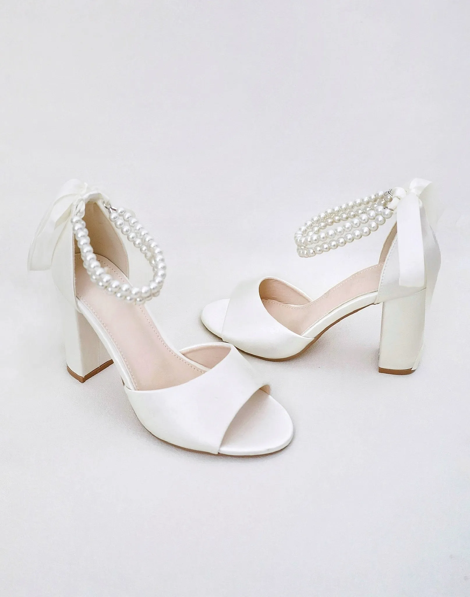 Satin Block Heel Wedding Sandals with Double Pearl Strap