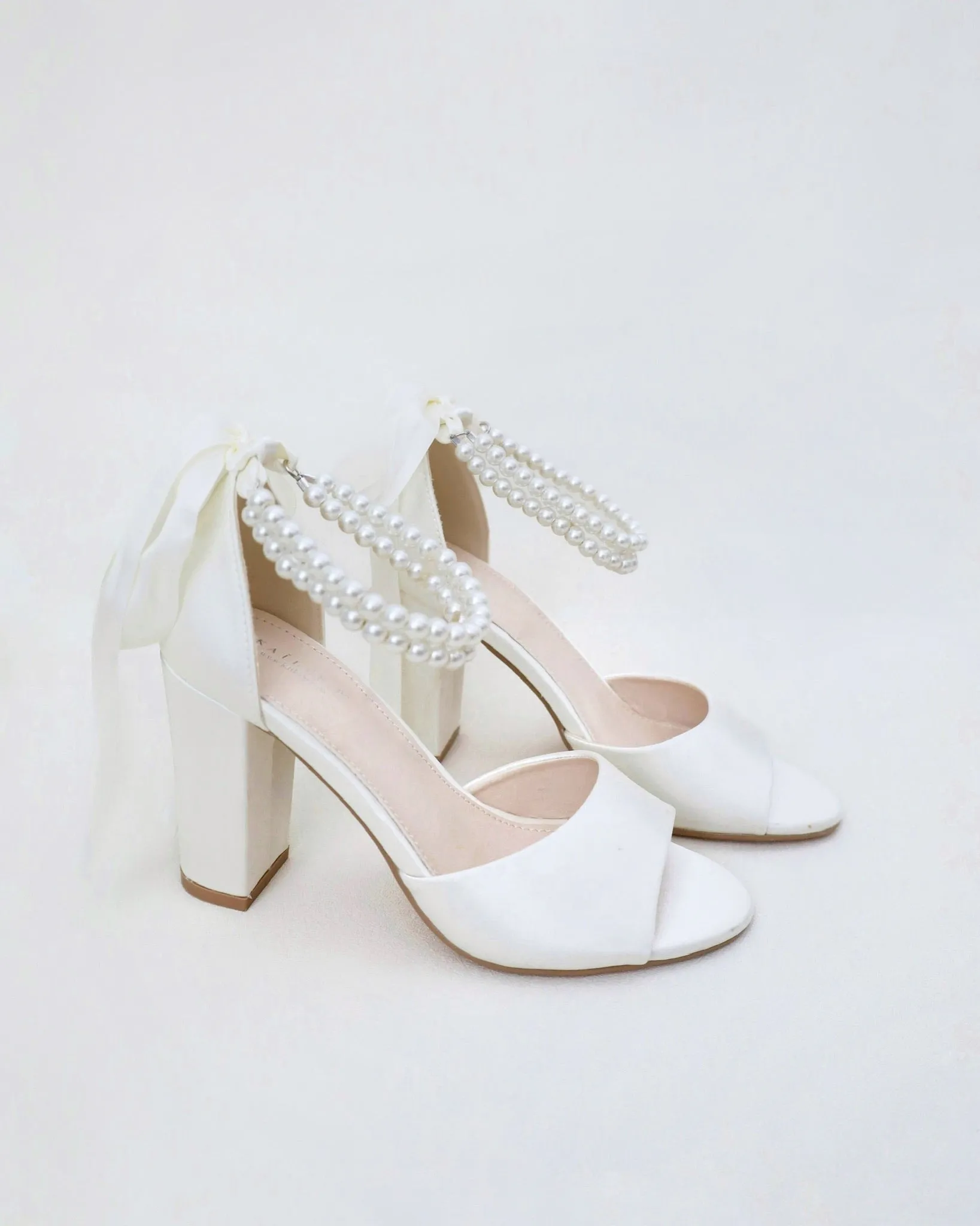 Satin Block Heel Wedding Sandals with Double Pearl Strap