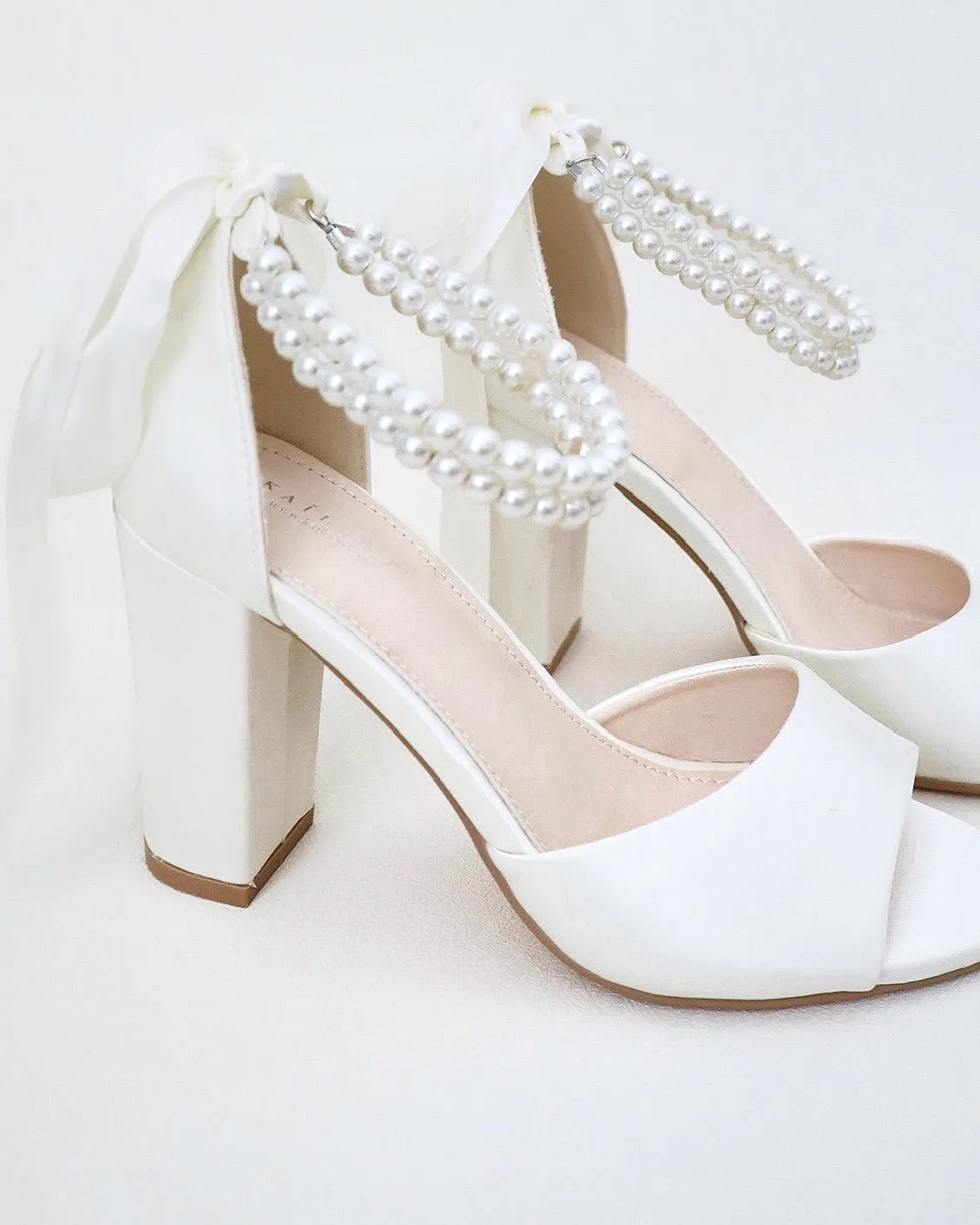 Satin Block Heel Wedding Sandals with Double Pearl Strap