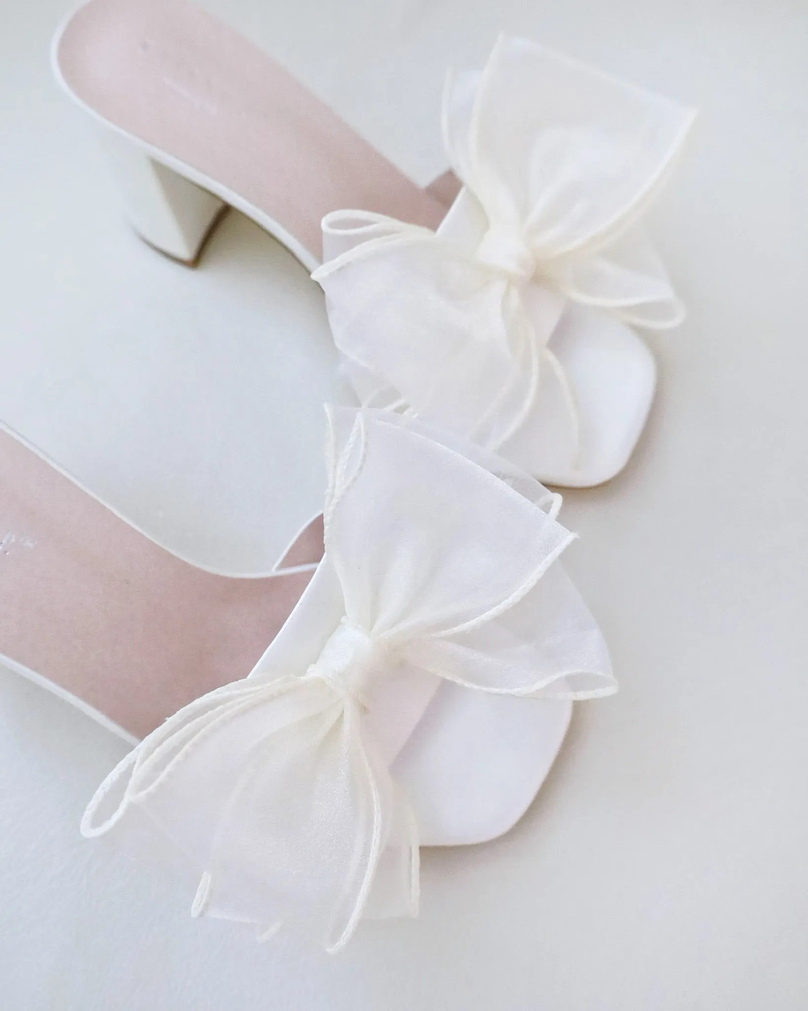 Satin Block Heels Wedding Slide Sandals with Layered Organza Bow