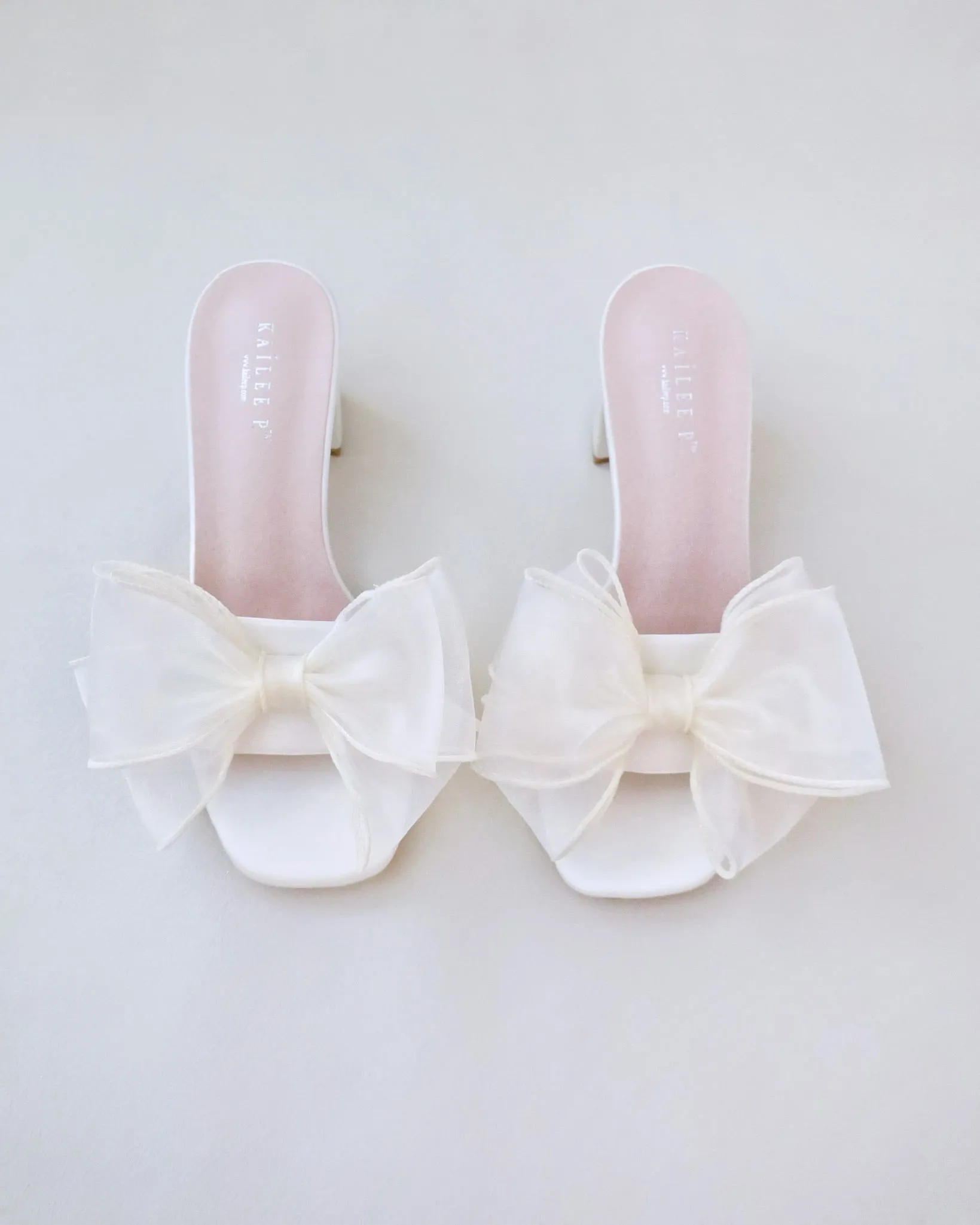 Satin Block Heels Wedding Slide Sandals with Layered Organza Bow