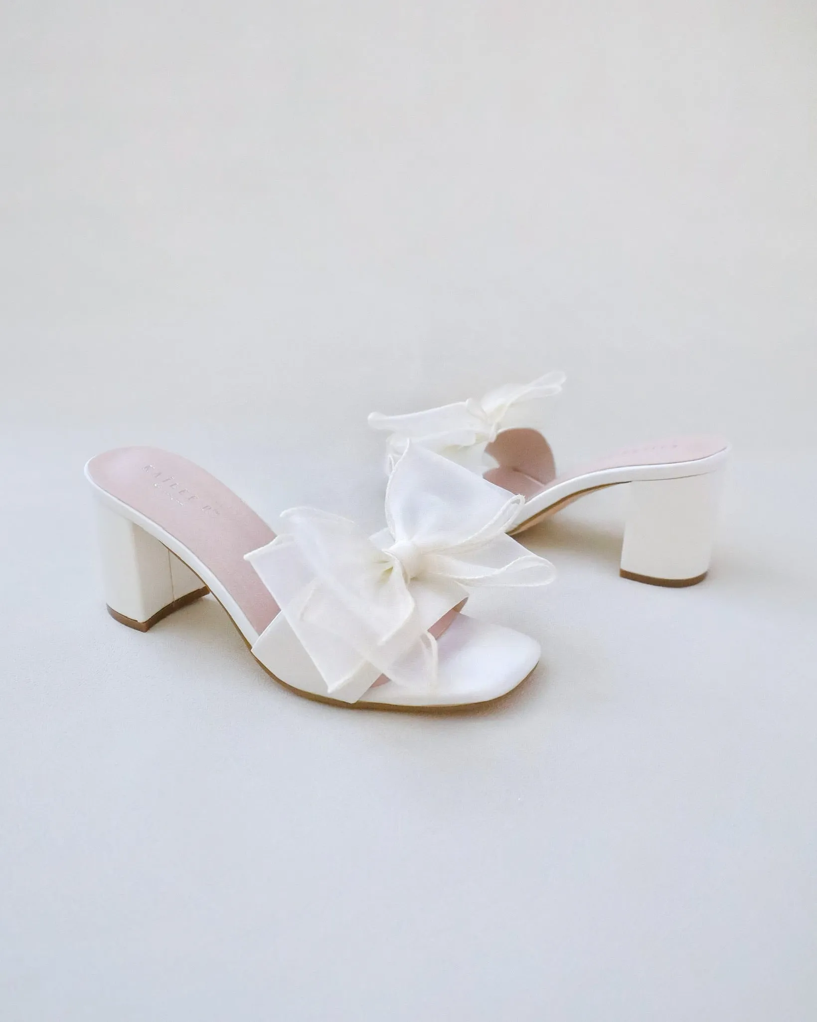 Satin Block Heels Wedding Slide Sandals with Layered Organza Bow