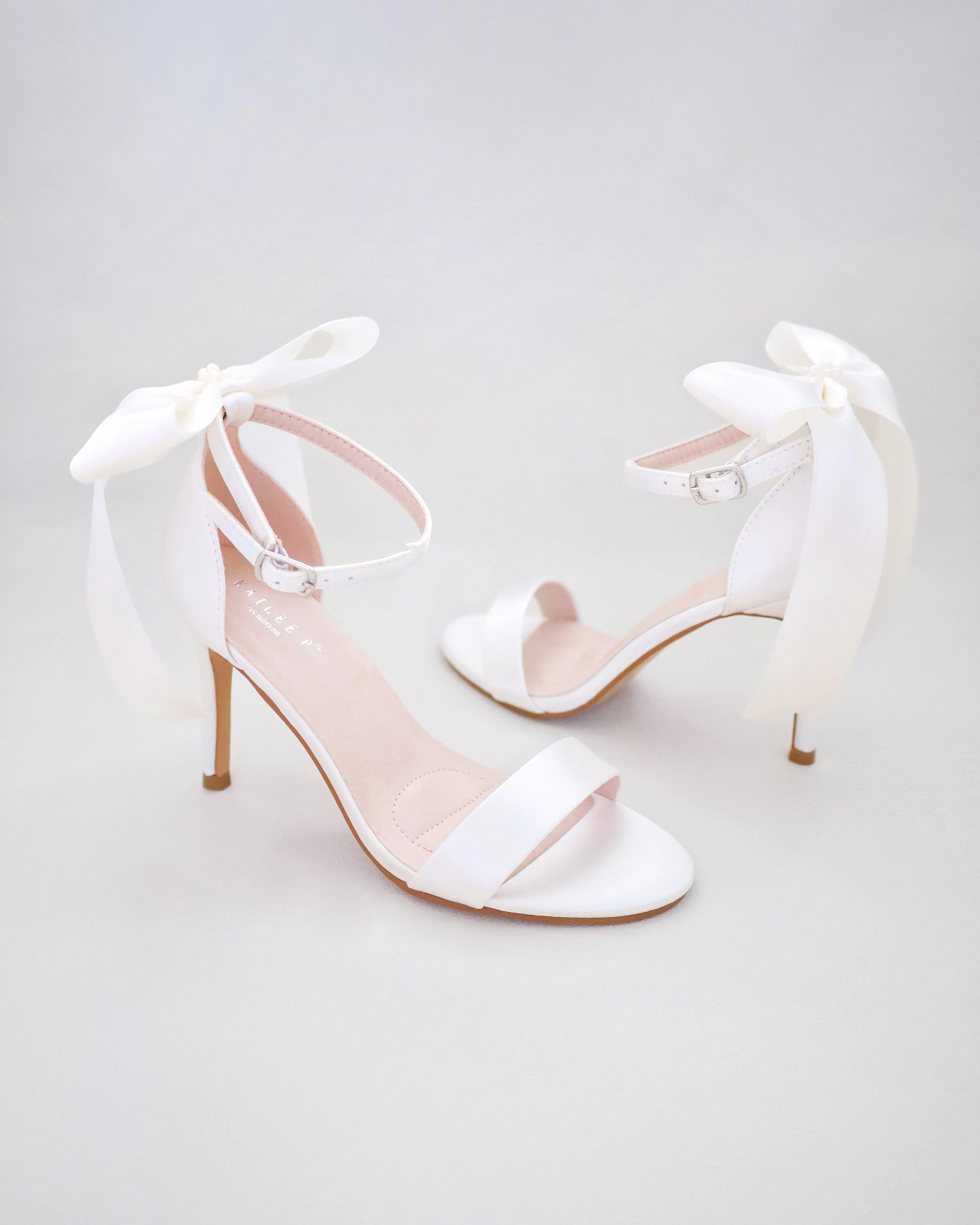 Satin High Heel Wedding Sandals with Satin and Pearls Back Bow