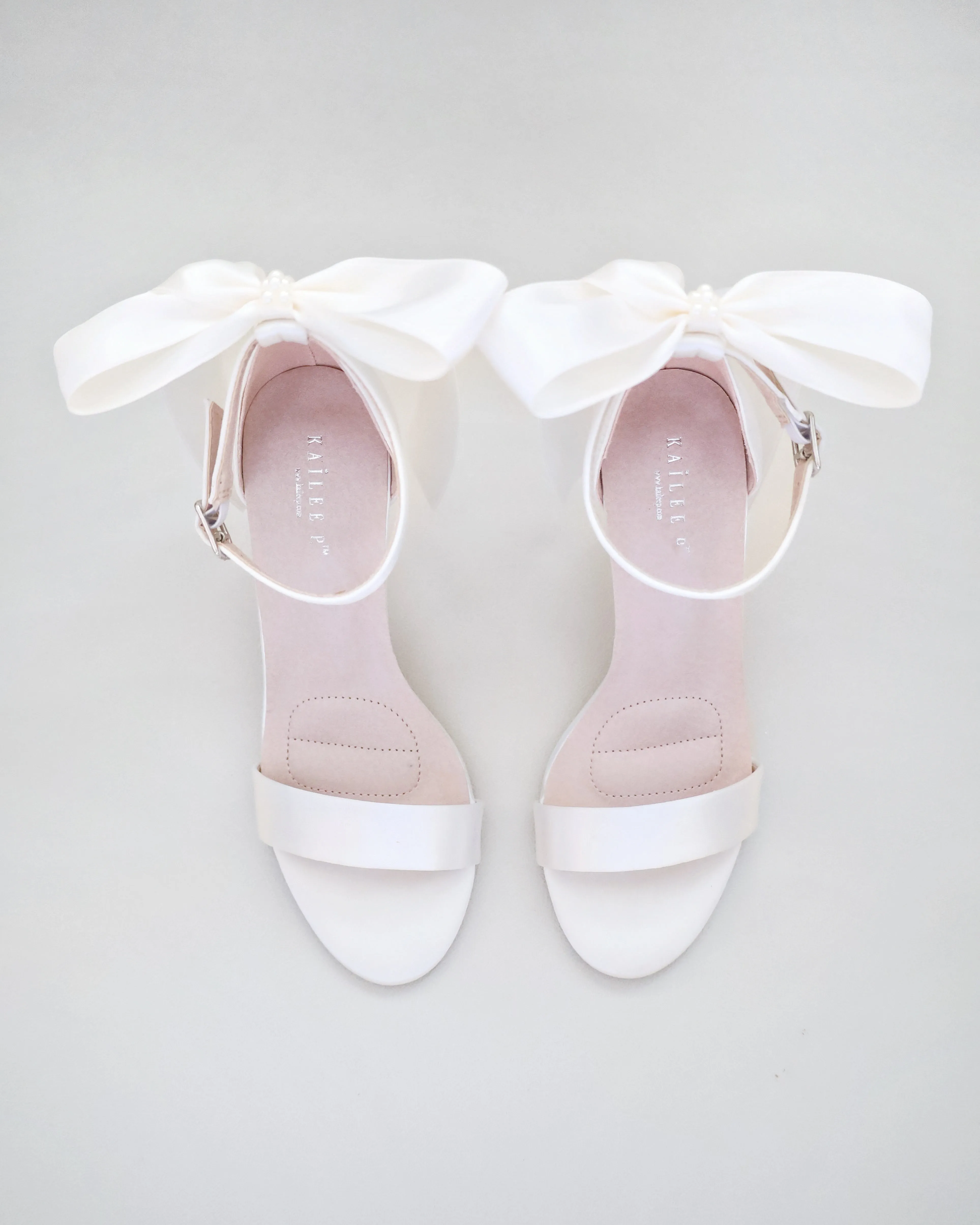 Satin High Heel Wedding Sandals with Satin and Pearls Back Bow