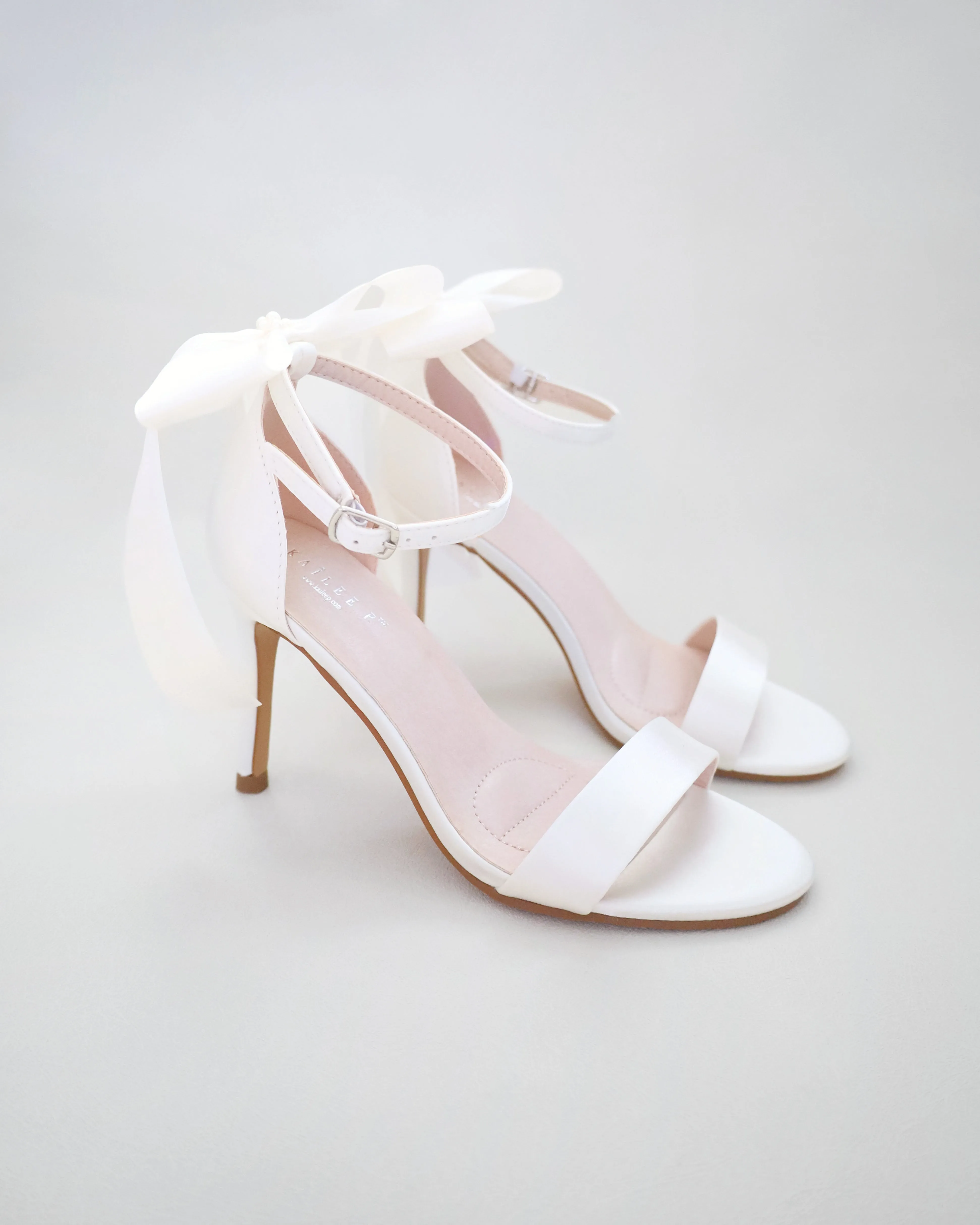 Satin High Heel Wedding Sandals with Satin and Pearls Back Bow