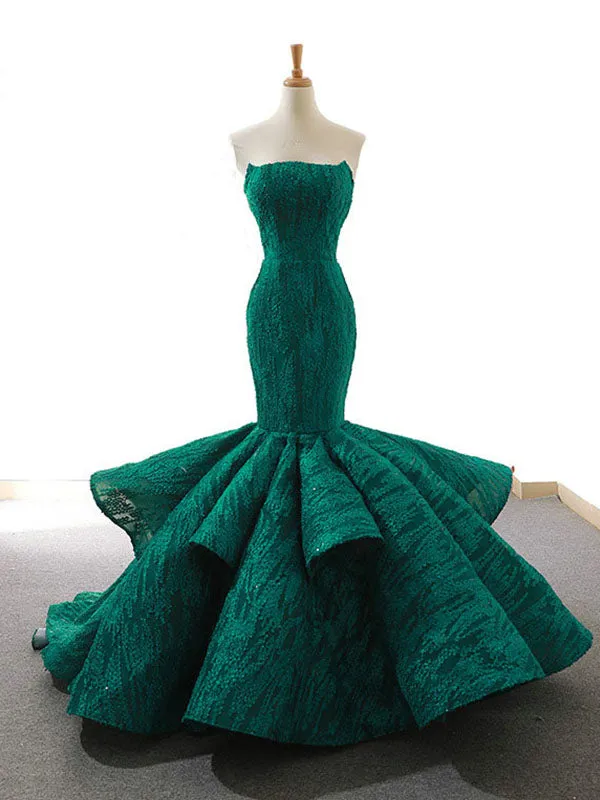 Sexy Strapless Mermaid Prom Dress Lace-Up Ruffle Skirt Unique Burgundy Lace Prom/Party Dresses SM7713