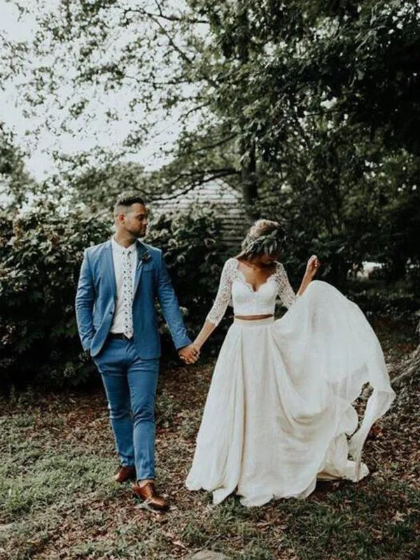 Sexy V-neck 3/4 Sleeves Boho Wedding Dress A Line Beach Wedding Dress Bridal Gown OHD210