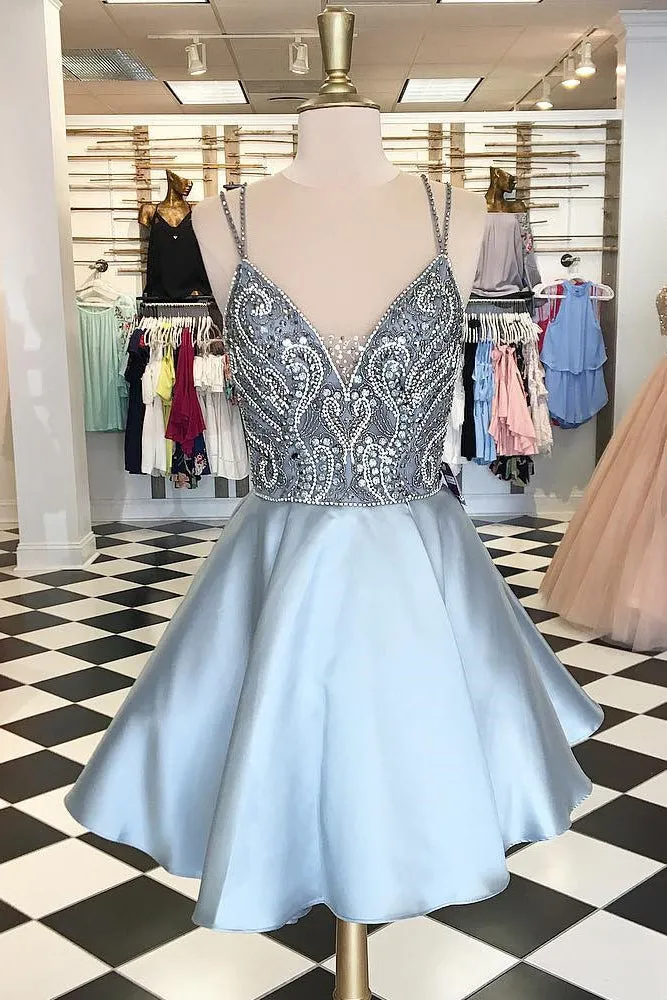 Spaghetti Straps Short Silver Beads A Line Backless Sexy Homecoming Dress OK380