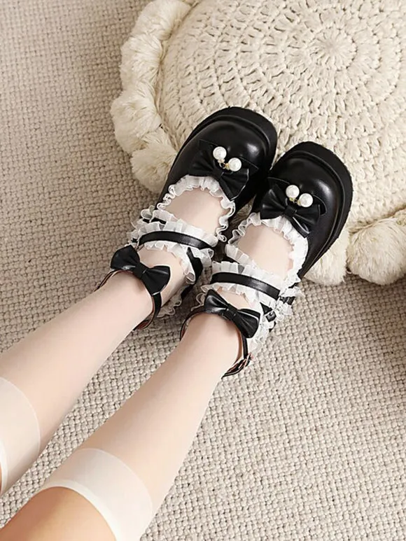 Sweet Lolita Footwear White Pearls Bows PU Leather Wedge Heel Lolita Pumps