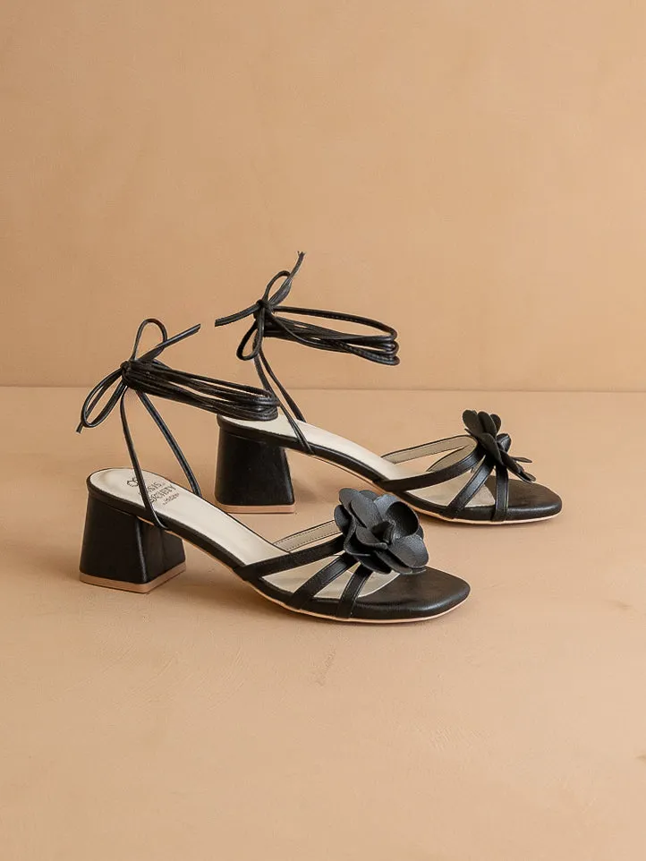 The Roseville | Black Strappy Lace-Up Rose Heel