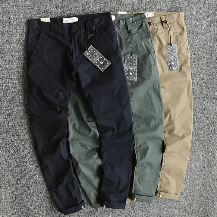 Thin Woven Business Casual Pants - Men's Fashion Simple Pure Cotton Washed Old Slim Straight Trousers