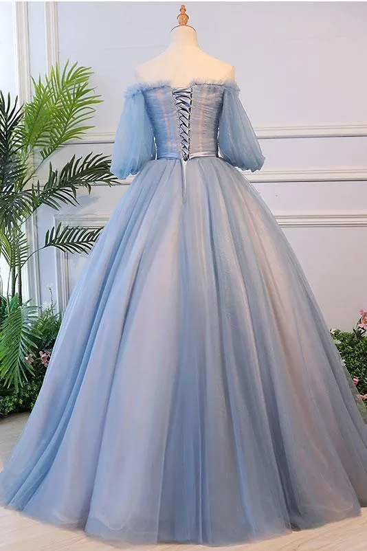 Unique Ball Gown Off The Shoulder Half Sleeves Embroidery Long Tulle Prom Dress/Evening Dress OHC262