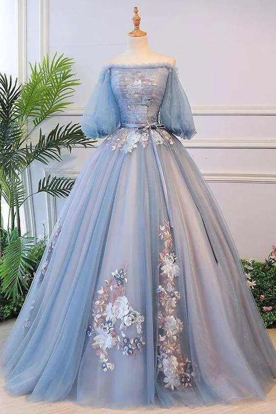 Unique Ball Gown Off The Shoulder Half Sleeves Embroidery Long Tulle Prom Dress/Evening Dress OHC262