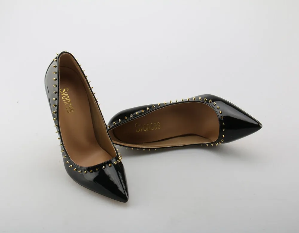 Valencia Italian Pointed Toe Rivets Spikes Patent Leather High Heel Shoes