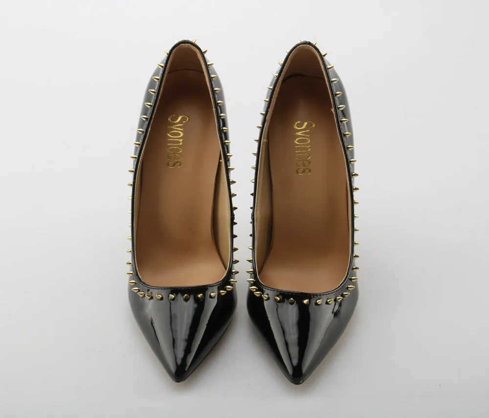 Valencia Italian Pointed Toe Rivets Spikes Patent Leather High Heel Shoes