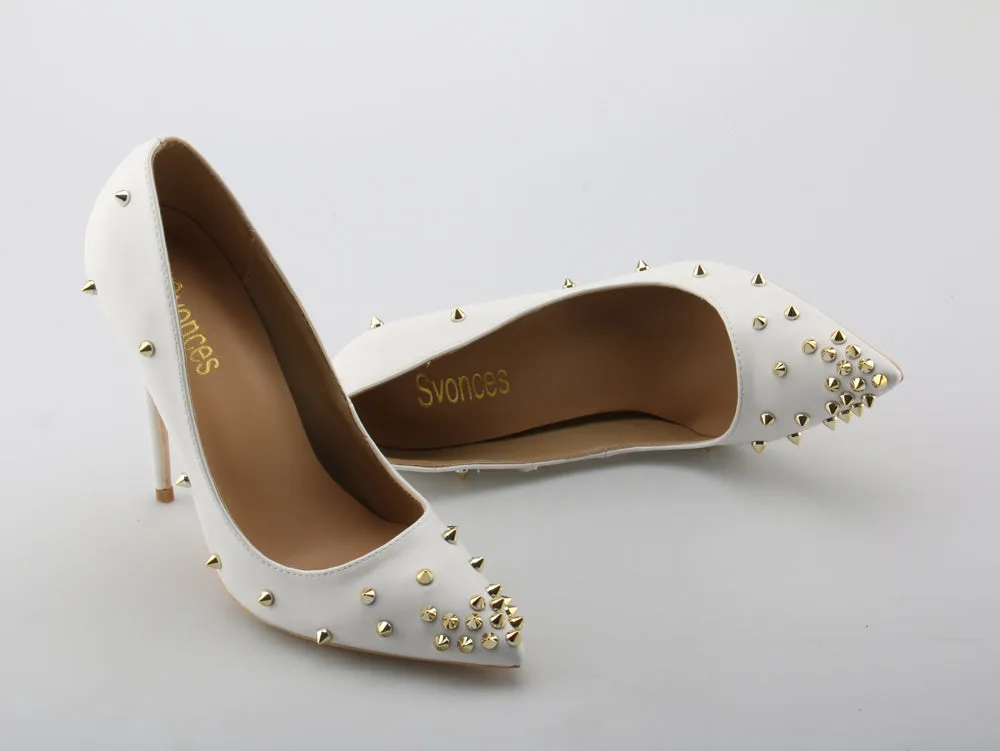 Valencia Italian Pointed Toe Rivets Spikes Patent Leather High Heel Shoes